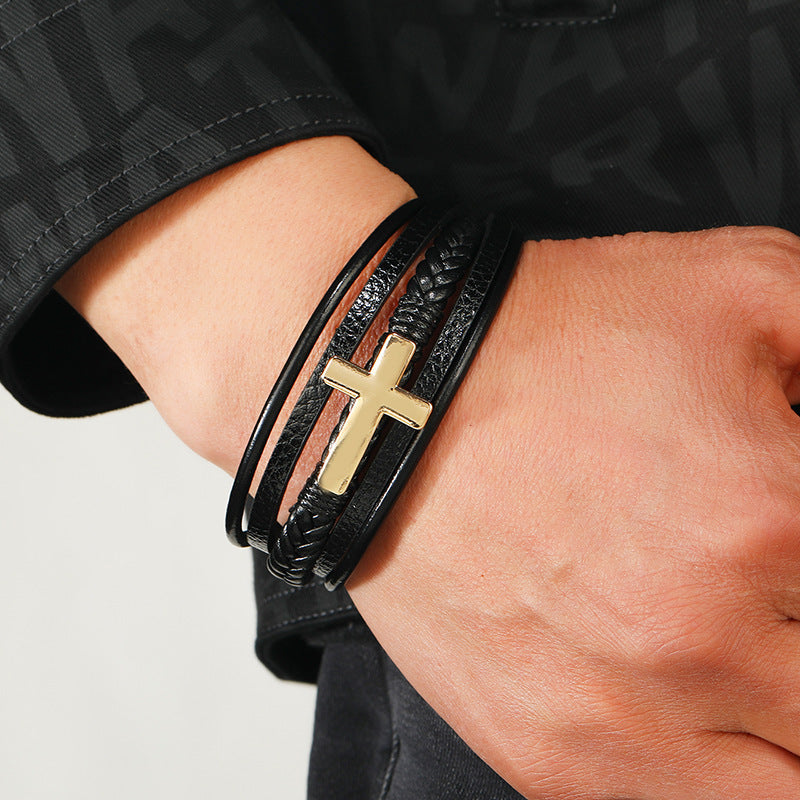 Eleganza Herren Lederarmband mit Kreuz